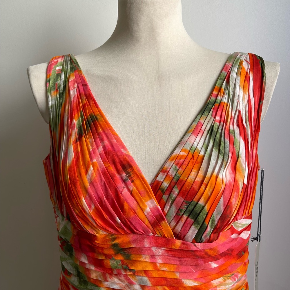 NWT Monique Lhuillier Silk Midi Dress Floral Orange Multicolor Pleated Size 12 - Picture 2 of 7